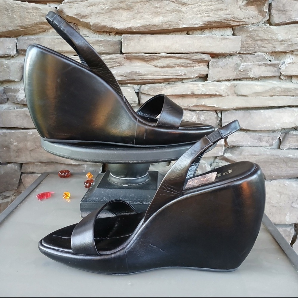 Prada Black Leather Wedge Sandals - Picture 2 of 8